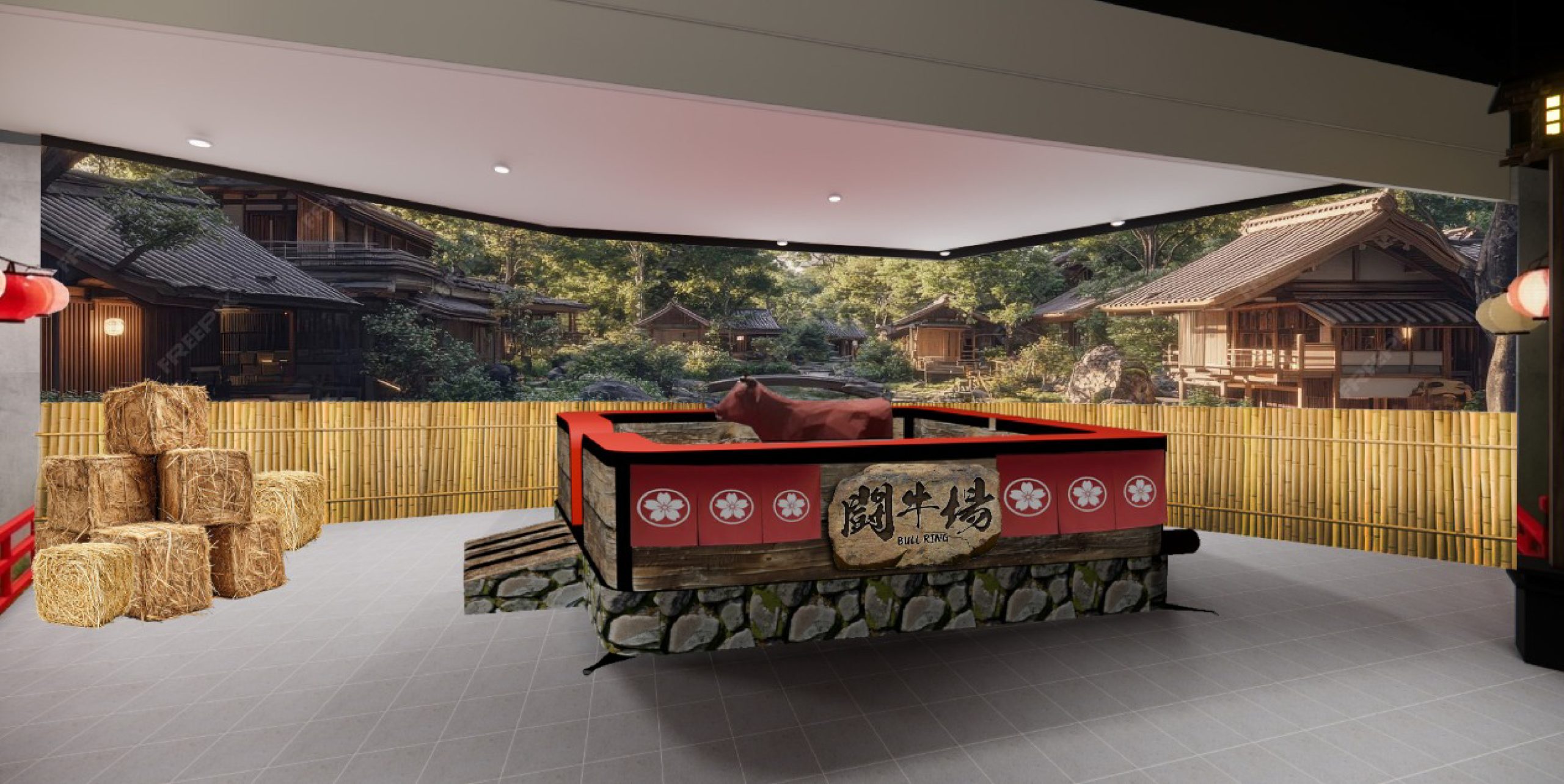 Indoor Bull Ring attraction at GAMEON Ninja Park featuring mechanical bull ride for kids, teens, and adults